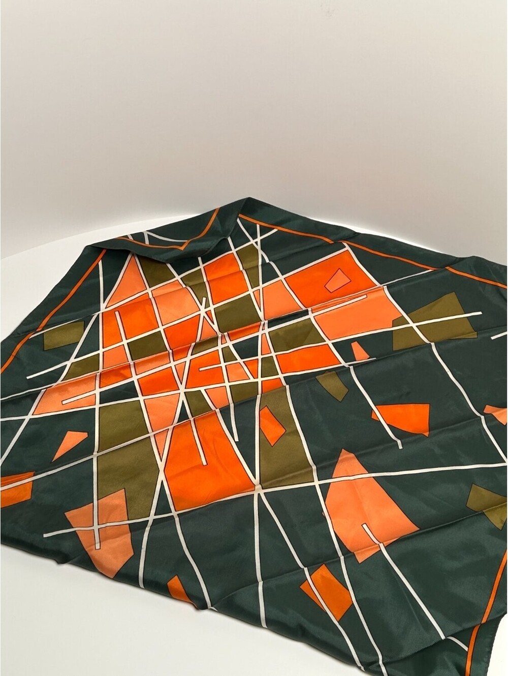 Vintage Geometric Abstract Square Scarf Green Orange Neck Wrap Womens